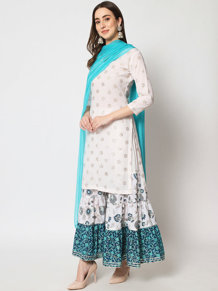 anokherang Combos Shades of Blue Short Kurti With Printed Sharara and Chiffon Dupatta