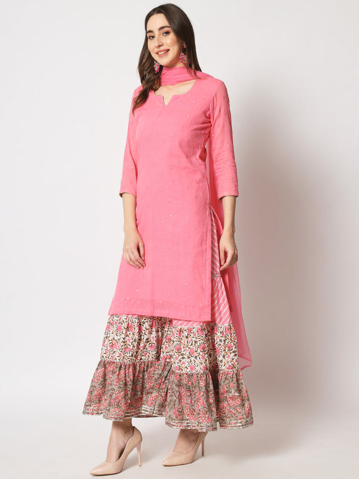 anokherang Combos Shades of Pink Short Kurti With Printed Sharara and Chiffon Dupatta