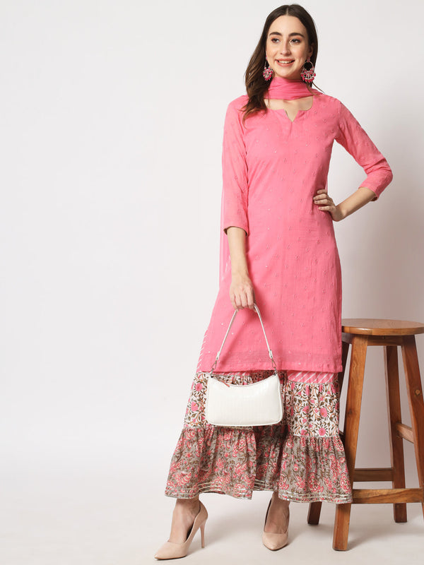 anokherang Combos Shades of Pink Short Kurti With Printed Sharara and Chiffon Dupatta