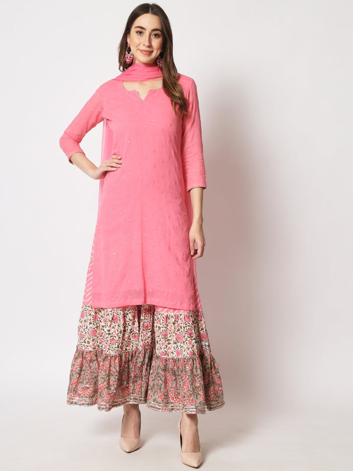anokherang Combos Shades of Pink Short Kurti With Printed Sharara and Chiffon Dupatta
