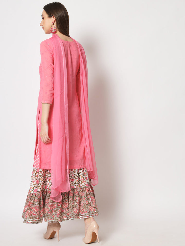 anokherang Combos Shades of Pink Short Kurti With Printed Sharara and Chiffon Dupatta
