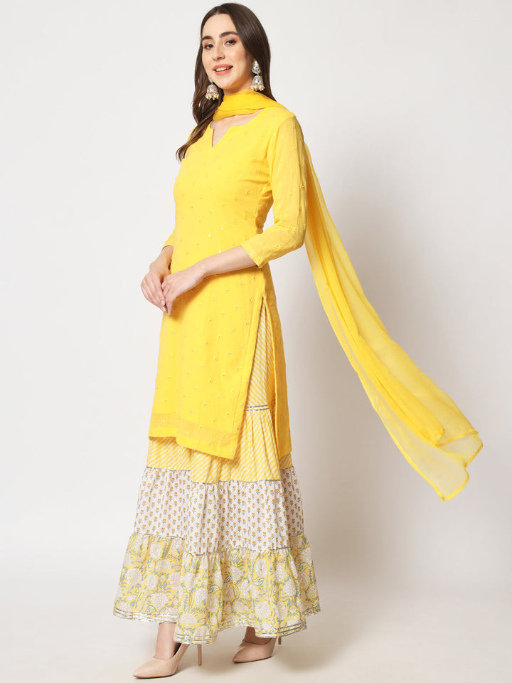 anokherang Combos Shades of Yellow Short Kurti With Printed Sharara and Chiffon Dupatta