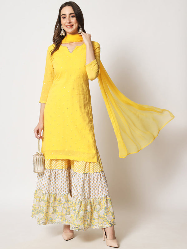 anokherang Combos Shades of Yellow Short Kurti With Printed Sharara and Chiffon Dupatta