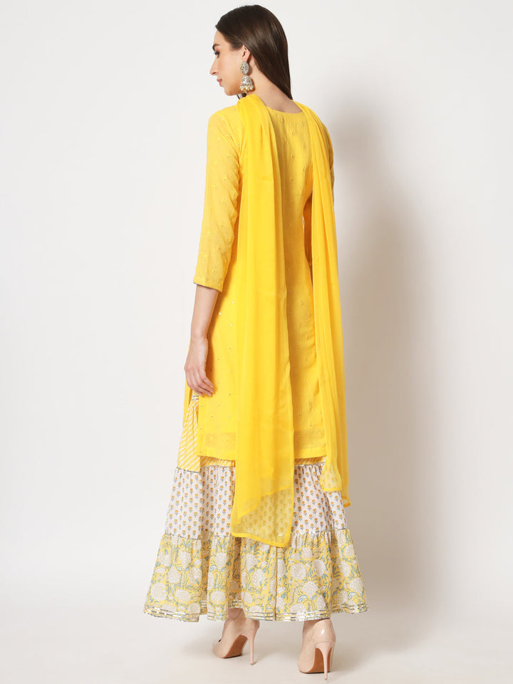 anokherang Combos Shades of Yellow Short Kurti With Printed Sharara and Chiffon Dupatta