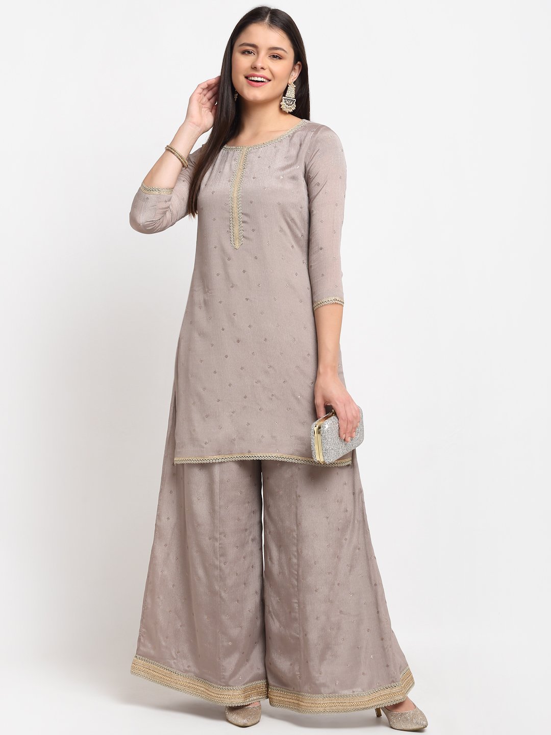 anokherang combos shimmery grey short kurti with flared palazzo 30628018815135