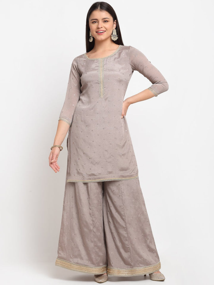 anokherang Combos Shimmery Grey Short Kurti with Flared Palazzo