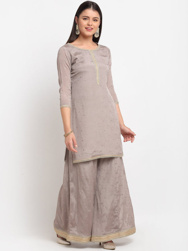 anokherang Combos Shimmery Grey Short Kurti with Flared Palazzo