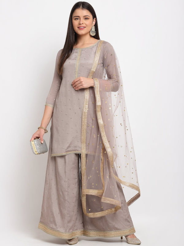 anokherang Combos Shimmery Grey Short Kurti with Flared Palazzo and Sequin Dupatta