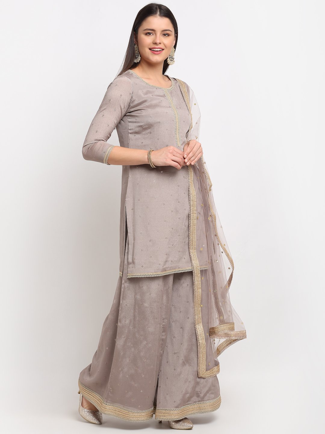 DPP014-Yellow short kurti with gharara, dupatta, and potli with heavy mirror work