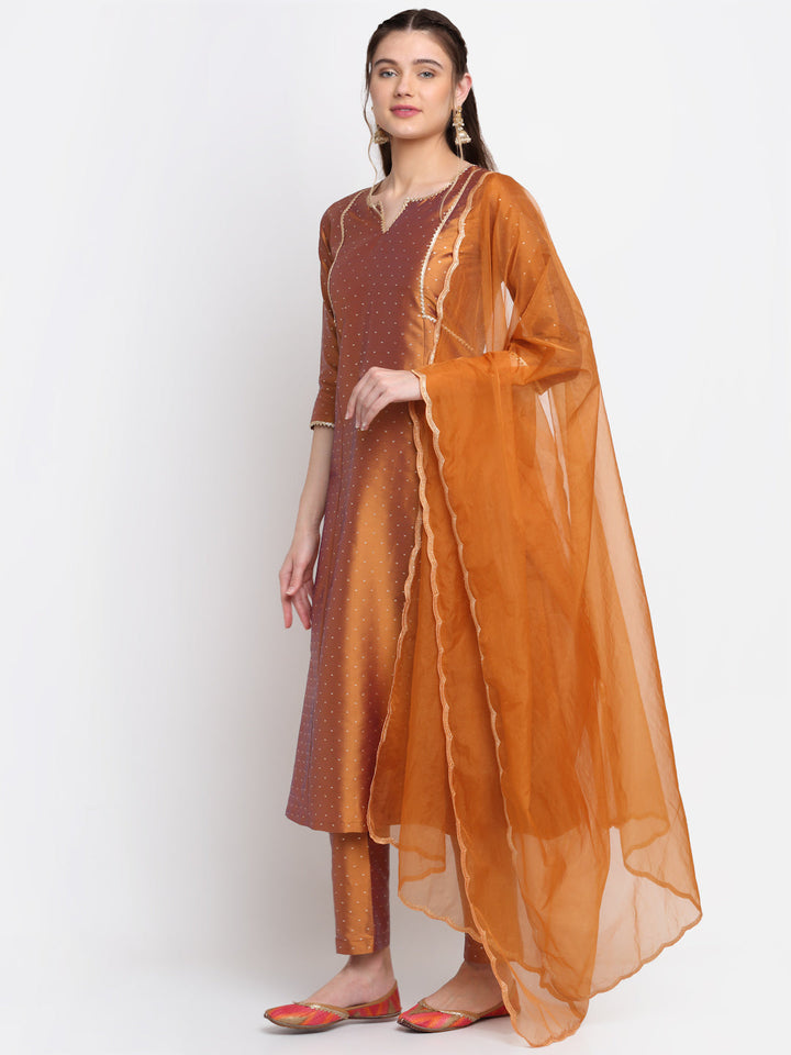 anokherang Combos Shining Copper A-line Kurti with Straight Pants And scalloped Organza Dupattata