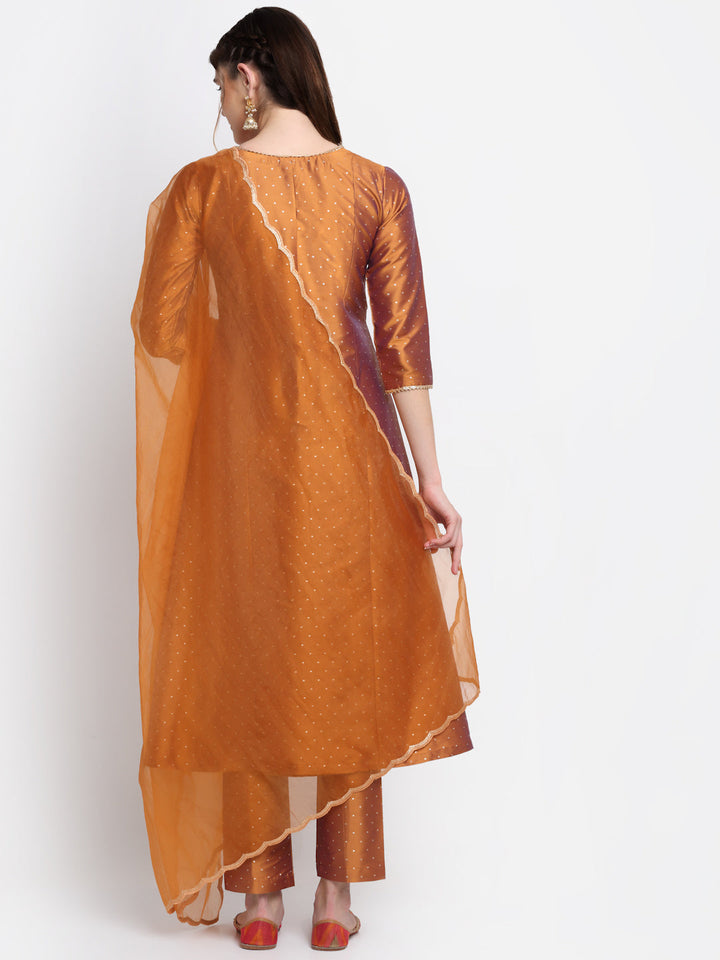 anokherang Combos Shining Copper A-line Kurti with Straight Pants And scalloped Organza Dupattata