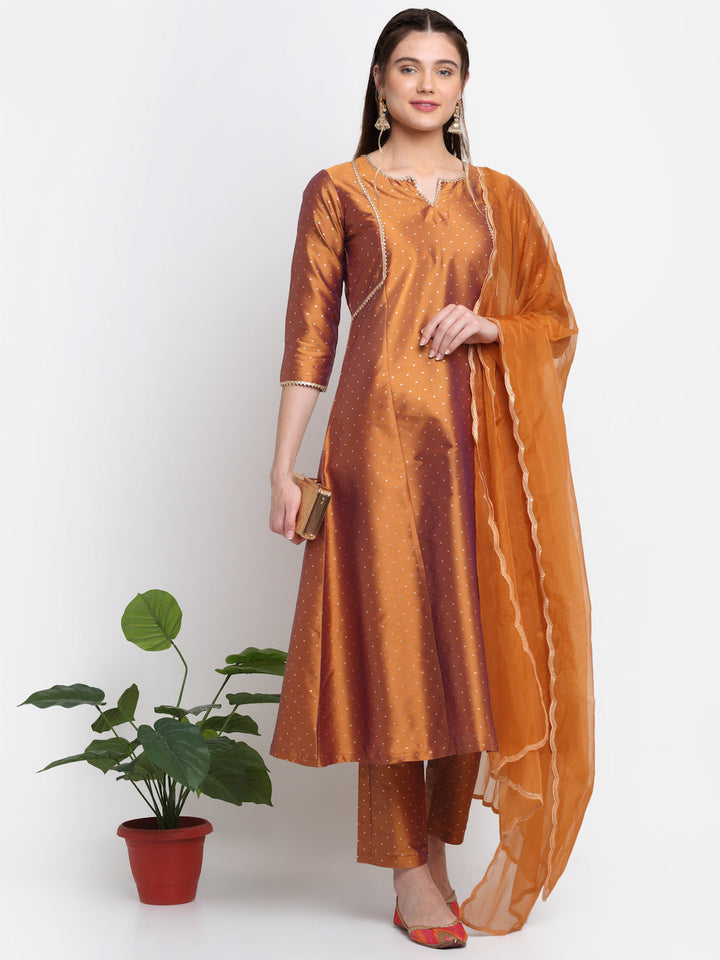 anokherang Combos Shining Copper A-line Kurti with Straight Pants And scalloped Organza Dupattata