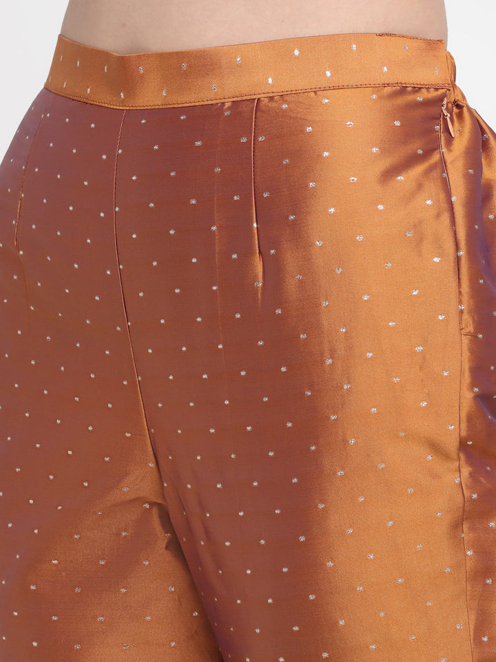 anokherang Combos Shining Copper A-line Kurti with Straight Pants And scalloped Organza Dupattata