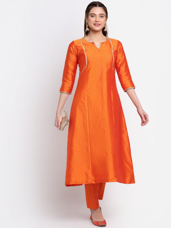 anokherang Combos Shining Orange Festive A-line kurti with Straight Pants