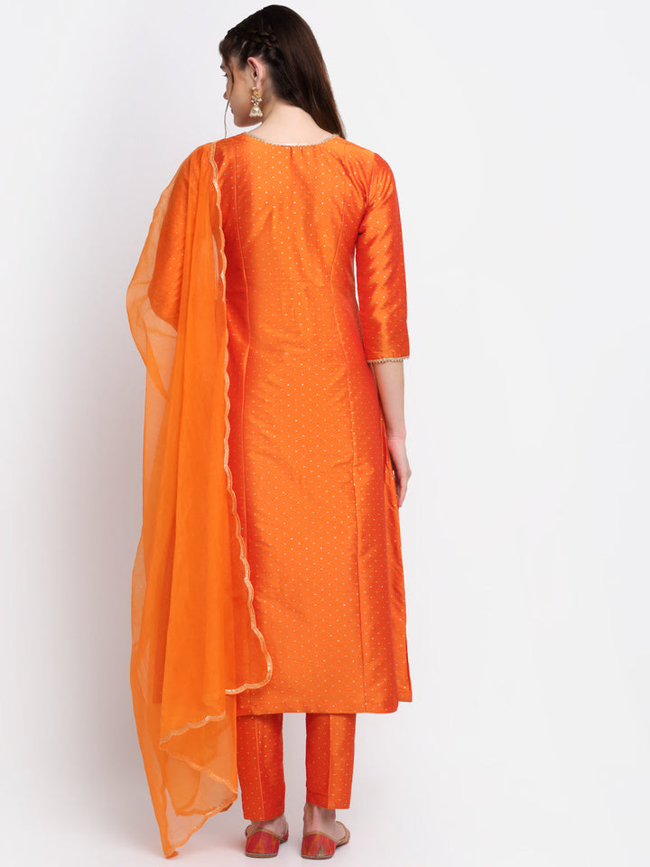 anokherang Combos Shining Orange Festive A-line kurti with Straight Pants and Scalloped Organza Dupatta
