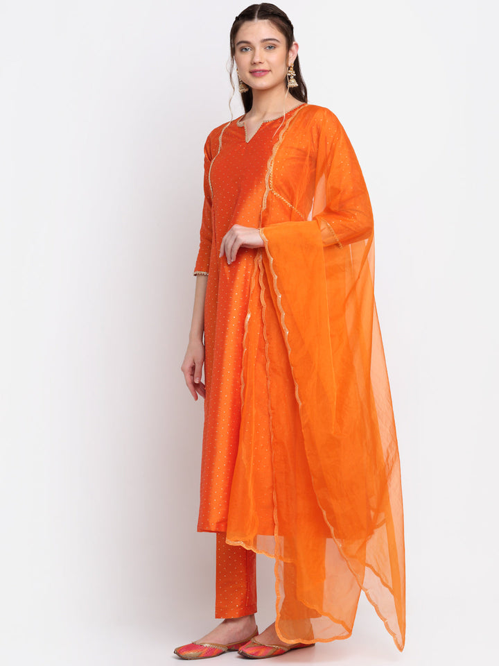anokherang Combos Shining Orange Festive A-line kurti with Straight Pants and Scalloped Organza Dupatta