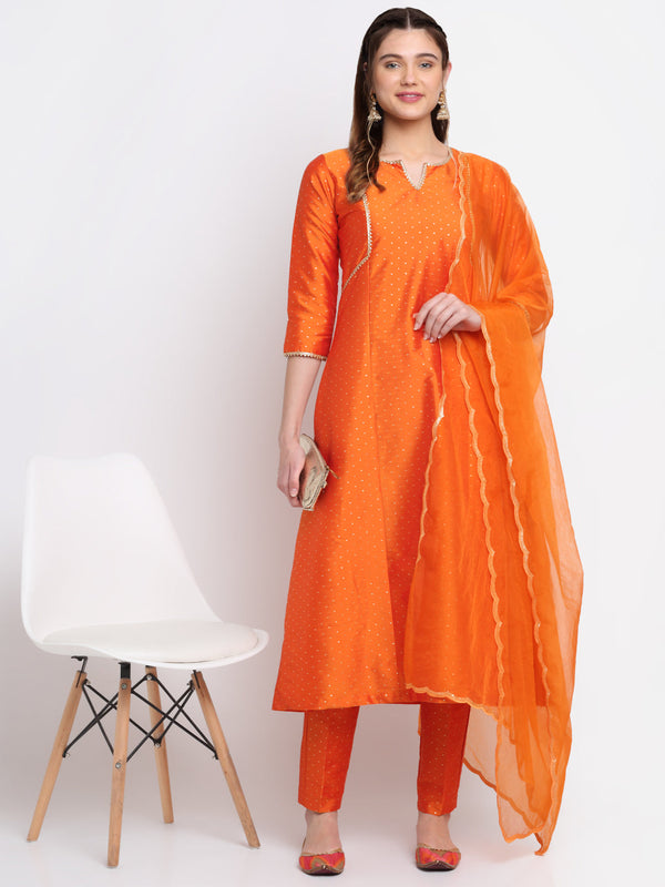 anokherang Combos Shining Orange Festive A-line kurti with Straight Pants and Scalloped Organza Dupatta