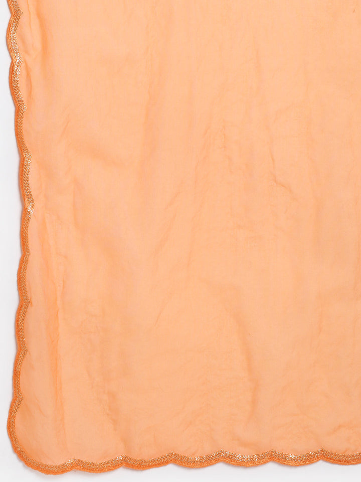 anokherang Combos Shining Orange Festive A-line kurti with Straight Pants and Scalloped Organza Dupatta