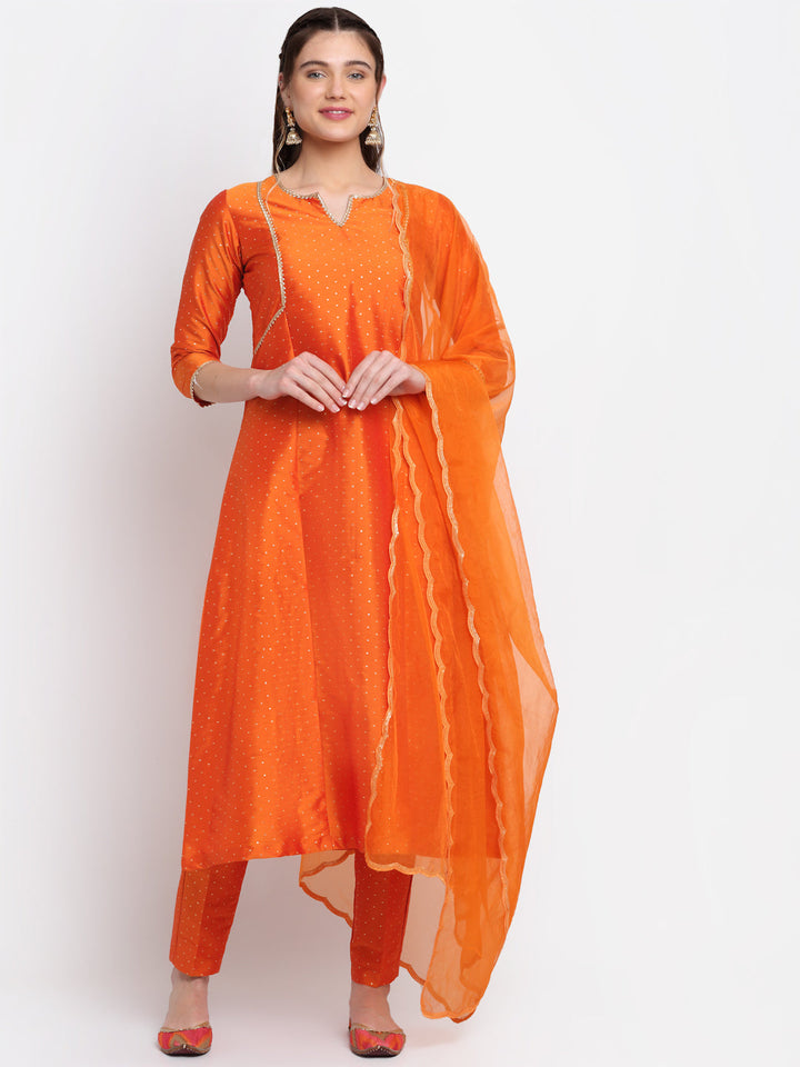 anokherang Combos Shining Orange Festive A-line kurti with Straight Pants and Scalloped Organza Dupatta