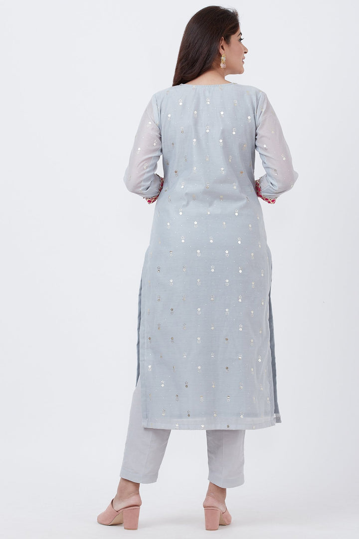 anokherang Combos Sky Gray Foil Printed Kurti with Gray Pants and Pink Banarsi Dupatta