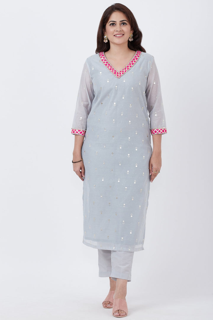 anokherang Combos Sky Gray Foil Printed Kurti with Pants