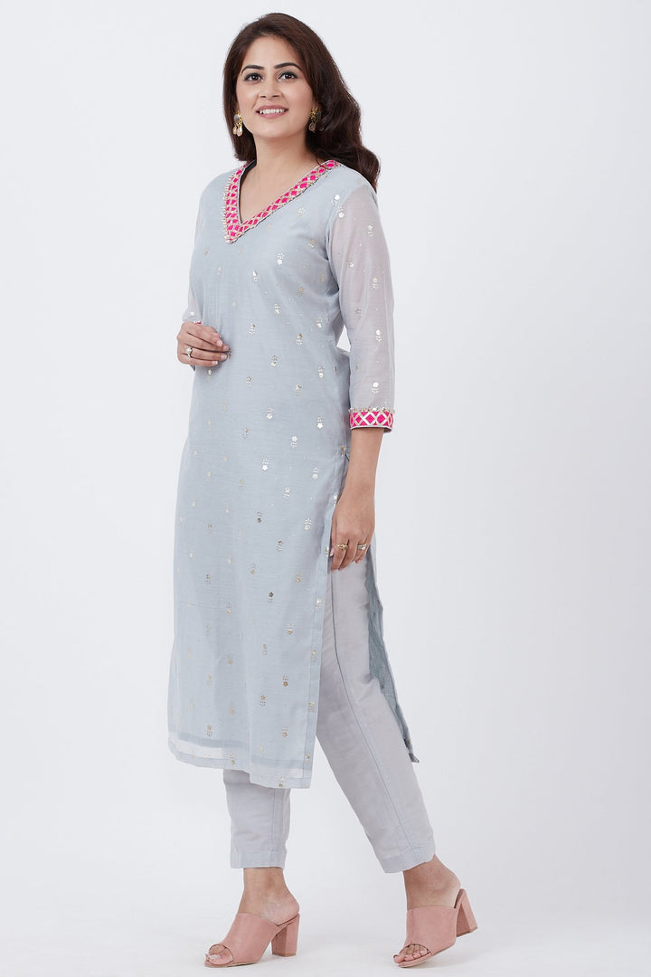 anokherang Combos Sky Gray Foil Printed Kurti with Pants