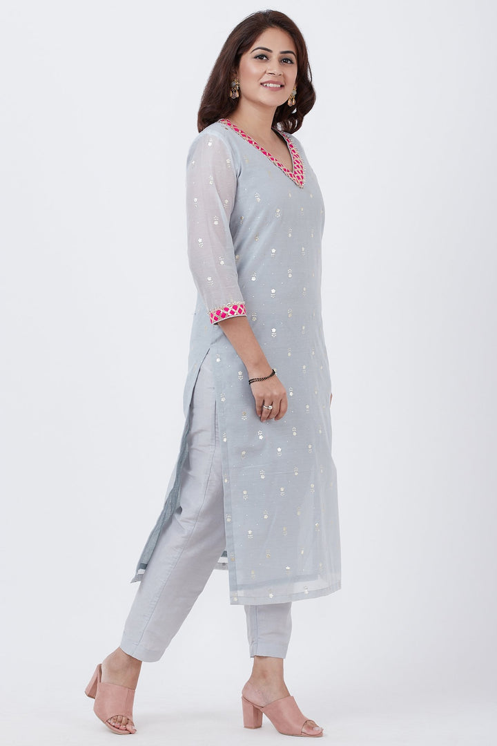anokherang Combos Sky Gray Foil Printed Kurti with Pants