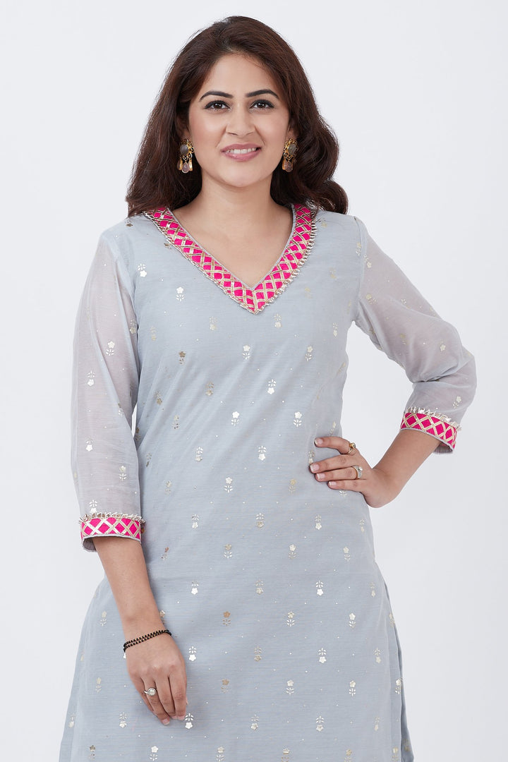 anokherang Combos Sky Gray Foil Printed Kurti with Pants
