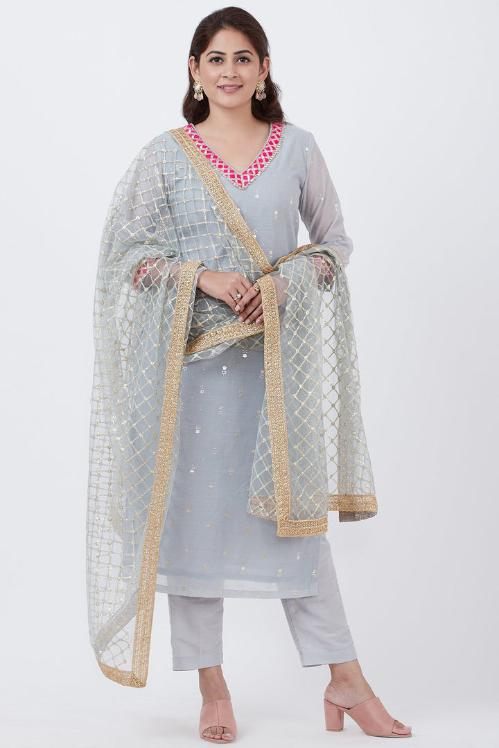 anokherang Combos Sky Gray Foil Printed Kurti with Pants and Gray Net Sequins Criss Cross Dupatta