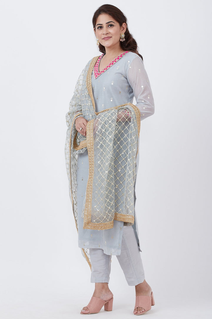 anokherang Combos Sky Gray Foil Printed Kurti with Pants and Gray Net Sequins Criss Cross Dupatta
