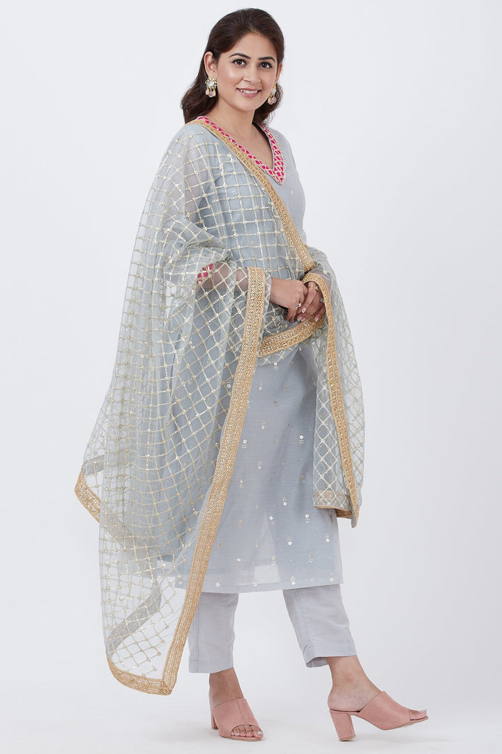 anokherang Combos Sky Gray Foil Printed Kurti with Pants and Gray Net Sequins Criss Cross Dupatta