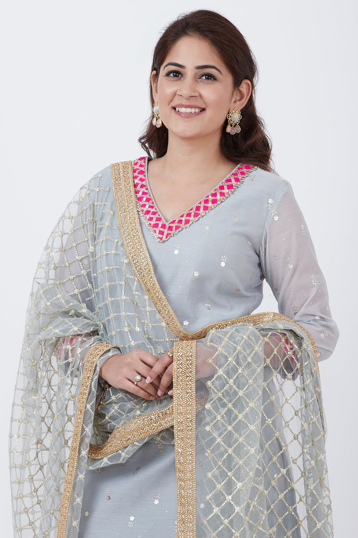 anokherang Combos Sky Gray Foil Printed Kurti with Pants and Gray Net Sequins Criss Cross Dupatta