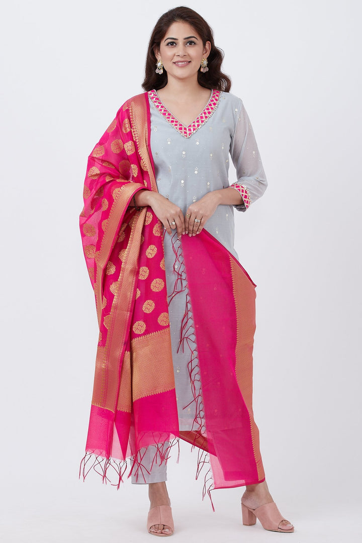 anokherang Combos Sky Gray Foil Printed Kurti with Pants and Pink Banarsi Dupatta