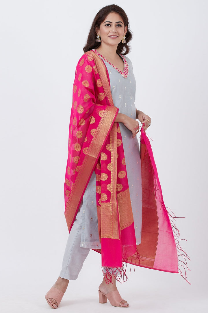 anokherang Combos Sky Gray Foil Printed Kurti with Pants and Pink Banarsi Dupatta