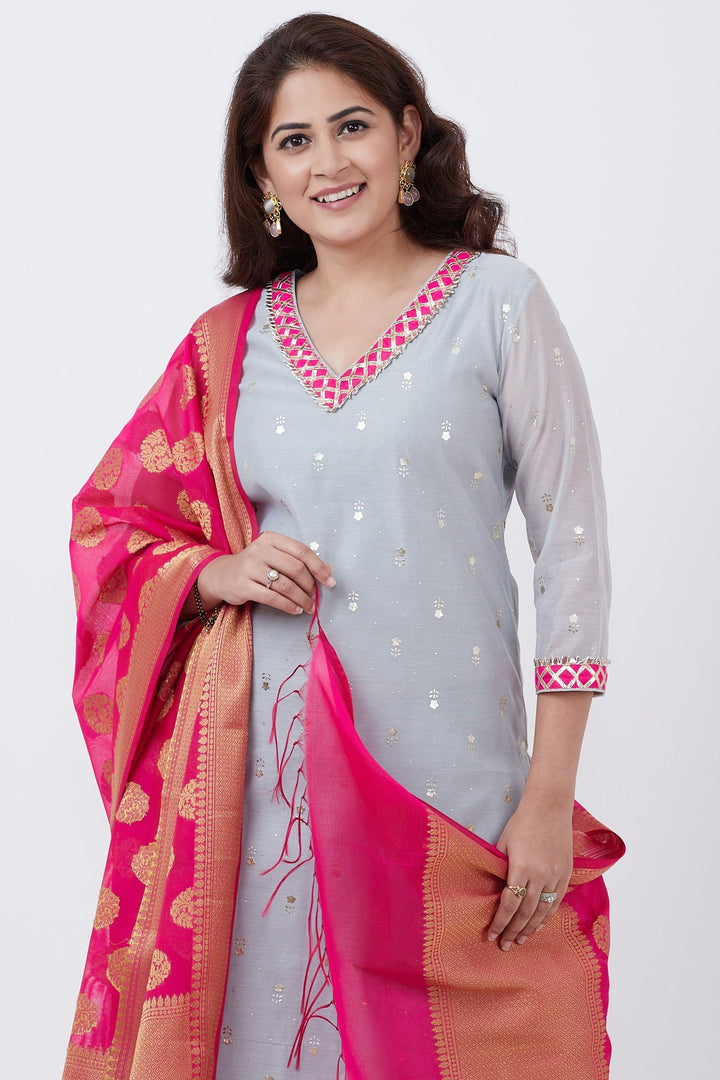 anokherang Combos Sky Gray Foil Printed Kurti with Pants and Pink Banarsi Dupatta