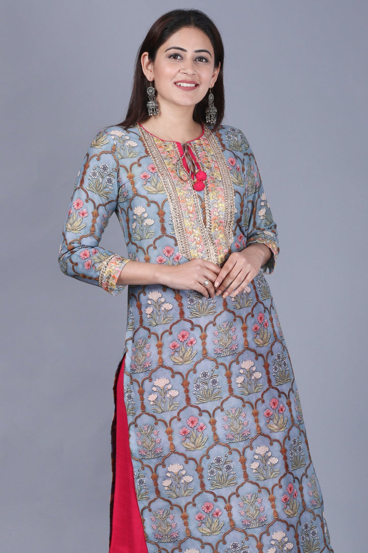 anokherang Combos Slate Gray Mughal Printed Gotta Straight Kurti with Straight Palazzo