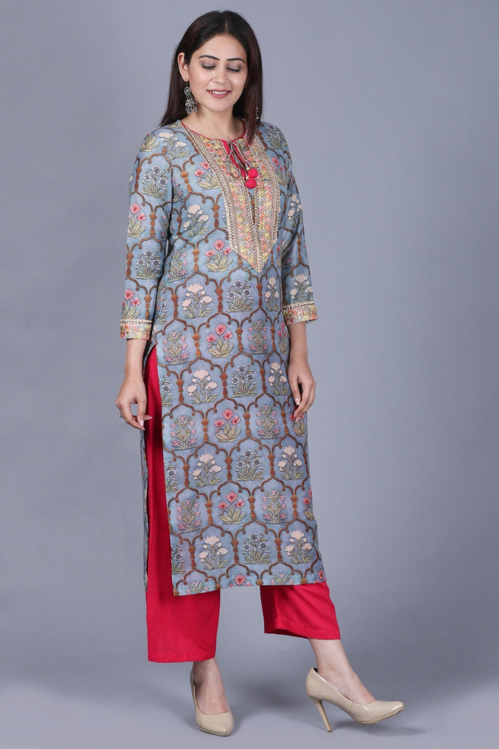 anokherang Combos Slate Gray Mughal Printed Gotta Straight Kurti with Straight Palazzo