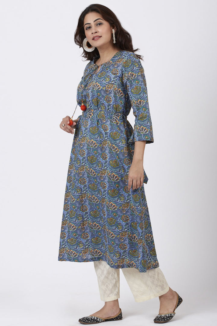 anokherang Combos Smiling Blue Orange Floral Printed Belt Kurti with Straight Palazzos