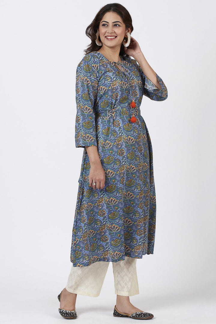 anokherang Combos Smiling Blue Orange Floral Printed Belt Kurti with Straight Palazzos