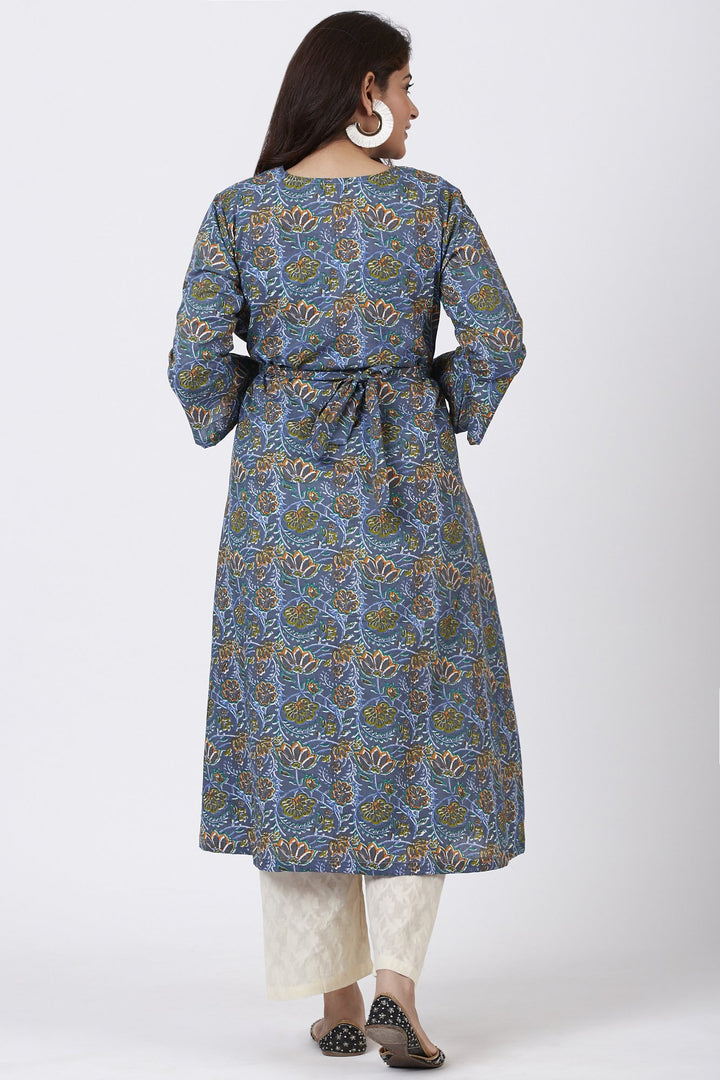 anokherang Combos Smiling Blue Orange Floral Printed Belt Kurti with Straight Palazzos