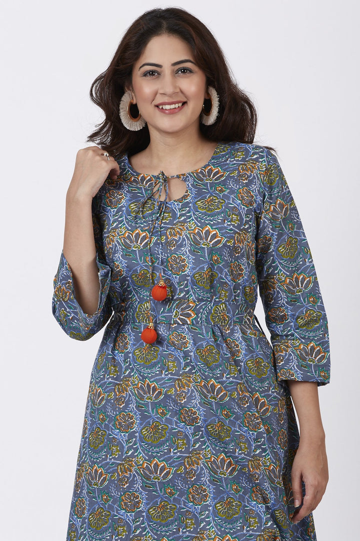 anokherang Combos Smiling Blue Orange Floral Printed Belt Kurti with Straight Palazzos