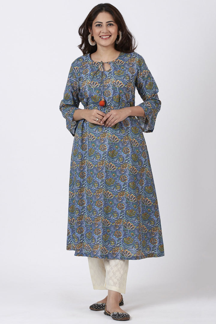 anokherang Combos Smiling Blue Orange Floral Printed Belt Kurti with Straight Palazzos