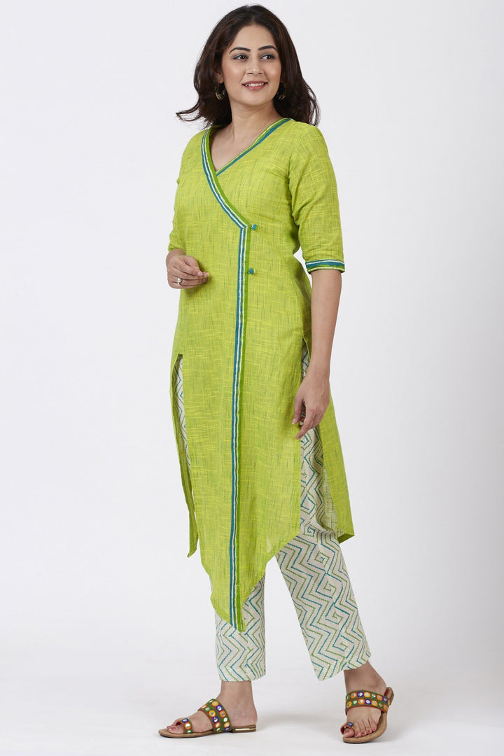 anokherang Combos Smiling Green Asymmetrical Kurti with Printed Straight Pants