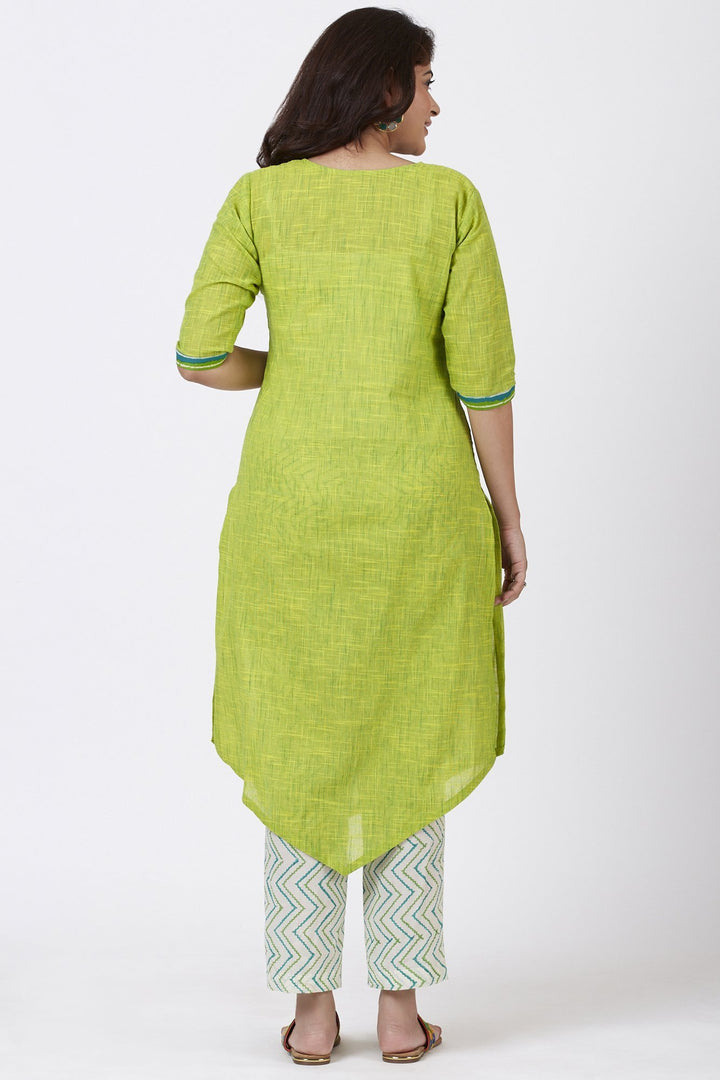 anokherang Combos Smiling Green Asymmetrical Kurti with Printed Straight Pants