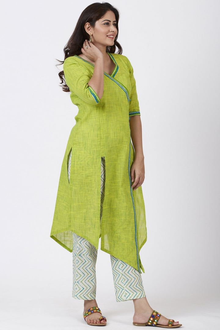 anokherang Combos Smiling Green Asymmetrical Kurti with Printed Straight Pants