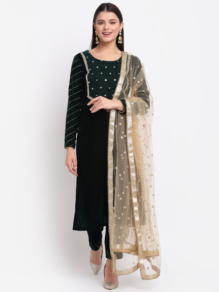 anokherang Combos Smiling Green Zari Sequin Velvet Straight Kurti with Pants and Sequin Dupatta