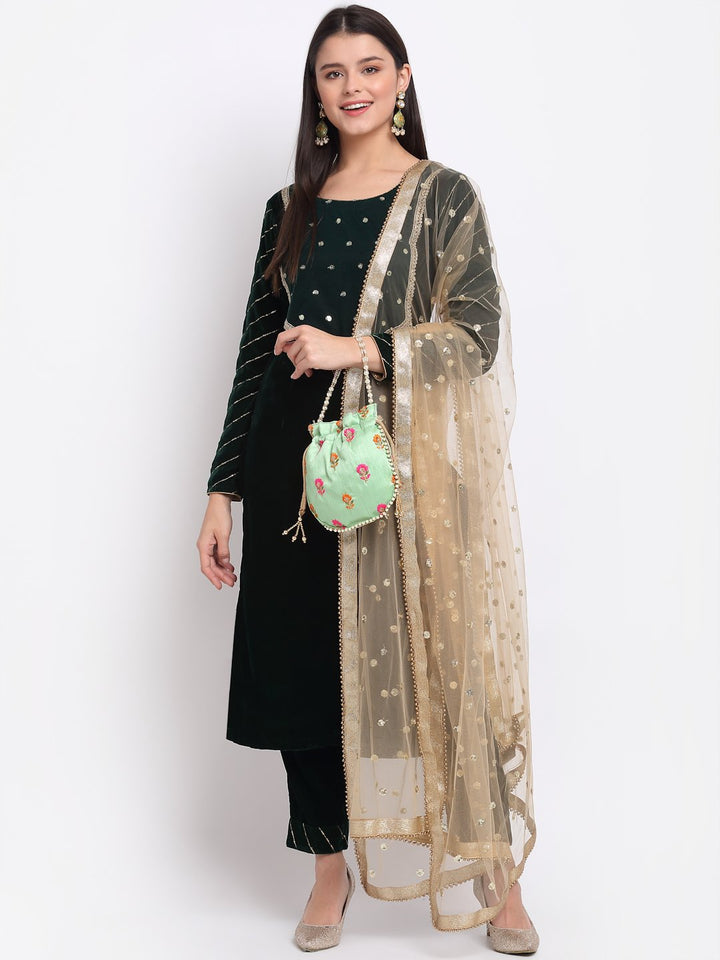 anokherang Combos Smiling Green Zari Sequin Velvet Straight Kurti with Pants and Sequin Dupatta