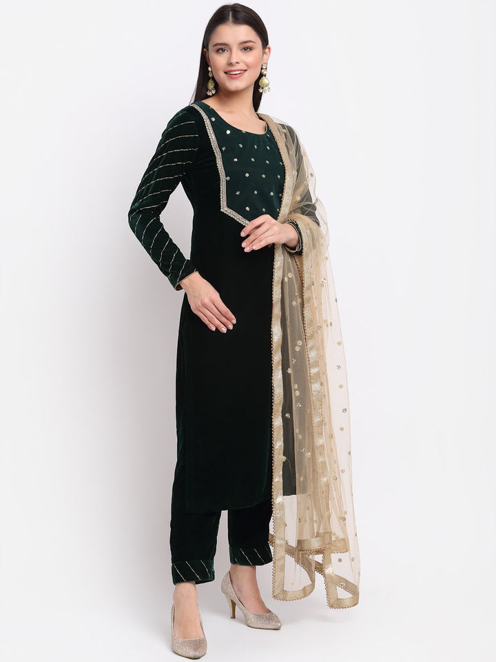 anokherang Combos Smiling Green Zari Sequin Velvet Straight Kurti with Pants and Sequin Dupatta