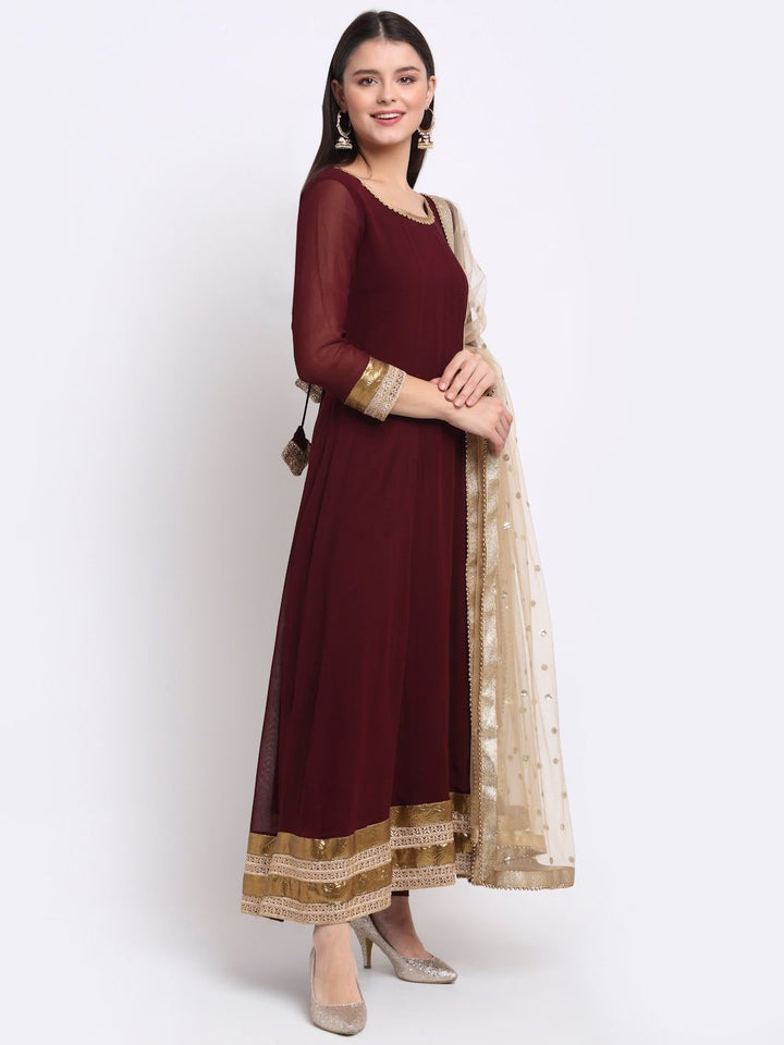 anokherang Combos Smooth Wine Georgette Anarkali with Churidaar and Sequin Dupatta