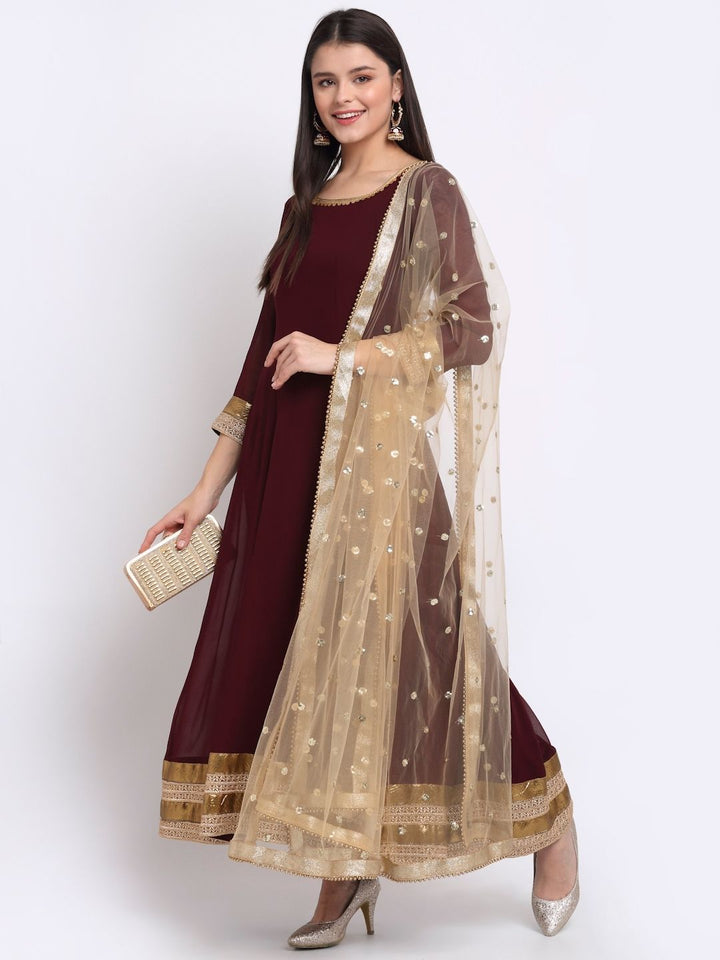 anokherang Combos Smooth Wine Georgette Anarkali with Churidaar and Sequin Dupatta
